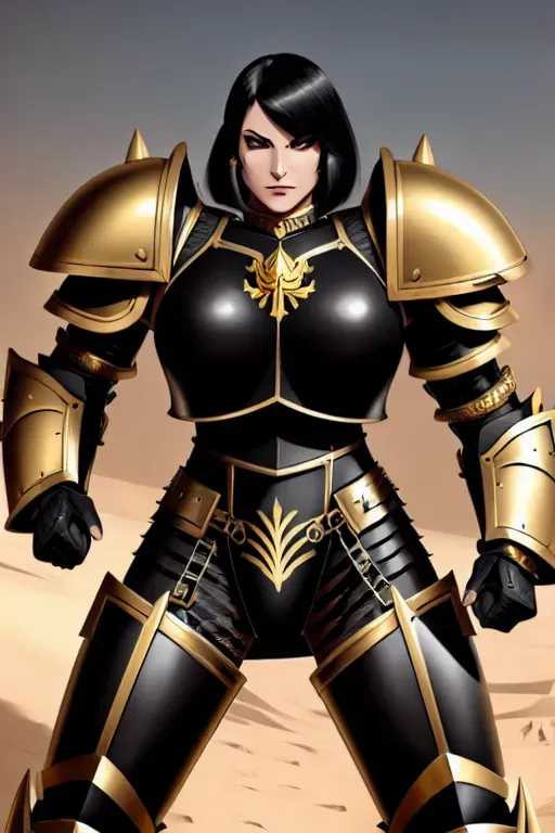 Warhammer 40k, sister of battle, short hair, pants, ((black and gold armor)), muscular, serious face, beautiful face, ((masterpiece)), huge woman,