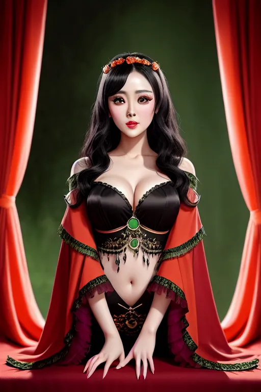 a digital painting of,fan bingbing,wearing halloween clothes,all-fours,outdoor,five fingers per hand,wavy curtain bang,beautiful face,beautiful lips,green eyes,curved eyebrows,smooth skin,peaceful,tattoo,highly detailed,sharp focus,8k,studio lighting,professional