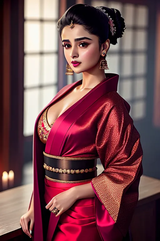 a oil painting of,alia bhatt,wearing kimono,standing,at the party,small breasts,five slender fingers,updo hair,beautiful face,beautiful lips,curved eyebrows,smooth skin,cosy,tattoo,professional,editorial,studio lighting,8k,smooth