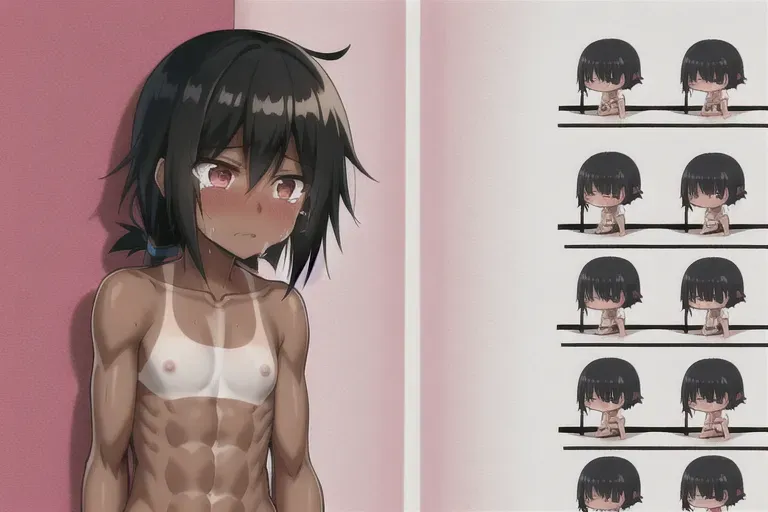 loli, muscular, oil, black hair, skinny, tan skin, tomboy, beaten, bloody, naked, crying, pink hair