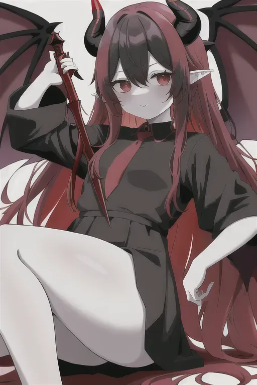 Loli, black bat-like wings on the back, white skin, red hair, red eyes, holding a bulky scepter, black dress, demon girl, a pair of small horn, pointy ears