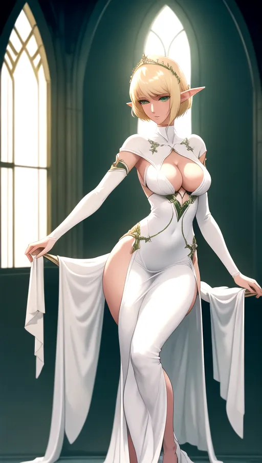 nsfw, 8k high detail photo of, courtyard, moonlight, natural light, full body in frame, elf queen, slim figure, long slender legs, medium breasts, blonde pixie haircut, extremely beautiful, white gown, cleavage, detailed green eyes