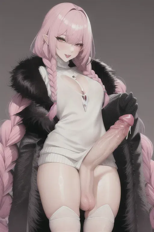 Shemale. Tranny. Futanari. Large penis. Fur coat. Bottomless. Her penis is visible. Covered in cum. Cum in her hair. Cum on her sweater. Cum on her clothes. Braided hair. Bangs.