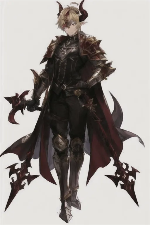 (masterpiece:1.2), (best quality), (ultra detailed), (8k, 4k, intricate),(full-body-shot:1), (highly detailed:1.2),(detailed face:1.2), best quality, masterpiece, solo, solo guy male tiefling, bright golden brown yellow hair, heterochromia, green eye, red eye, determined look in eyes, golden brown color hair, curled horns devil, hell armor, ,red horns, holding battleaxe, shield, chrome shiny battleaxe, androgynous haircut, imp demon , dark paladin, chain main shirt, battle axe wielder, warrior, knight of hell, demon tiefling, hell red power, curled horns, illrigger, armored, 1 male tiefling only, demon, flat chest, posh , leather armor, well groomed, elf ears , jackal imp creature , horns, armored jacket, solo, sharp jagged tail, humanoid, masterpiece, colorful shirt, short length hairstyle single strand of hair curls on top of head, antenna hairstyle imp demon, ,cute look in eyes, imp demon , heterochromia, masterpiece anime style