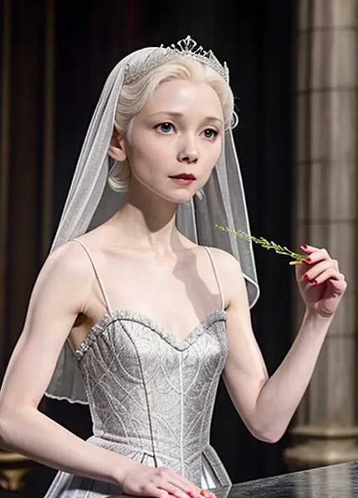 a photo of, juliet landau as drusilla, she is a delicate frail poisonous flower, platinum blonde albino, she is hungry, elegant lacy shift chemise, if she could feel the cold she would be freezing, as the decades turn the threads soften and thin, history is a nightmare from which i cannot awake