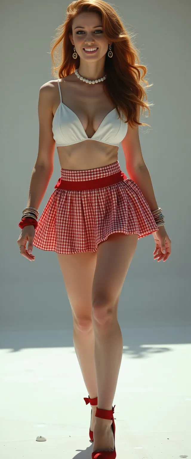 Walking in an exciting sexy stage pageant white background, (((full body long view))), a (very tall taller tallest), athletic, stunning, fit, redhead supermodel with long beautiful curly shiny hair, muscles, hourglass figure, wearing a short red pleated checkered miniskirt, sleeveless white frilly shirt, red (hair bow), red stiletto high heels, belt, (((very long longer longest legs))), ((big huge breasts)), earrings, bracelets, red (neck ribbon), (makeup), visible toes, pink nails, eyelashes, toned, amazing toned physique, (shiny (oiled) glossy glistening skin), pink lipstick, wide hips, smiling, alone