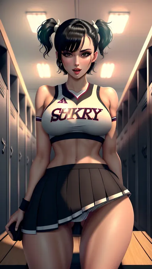 Horny cheerleader, black hair, pigtails, short hair, skirt lift, showing big ass, wet pussy, in locker room, lockers, benches, lights off, dark room,