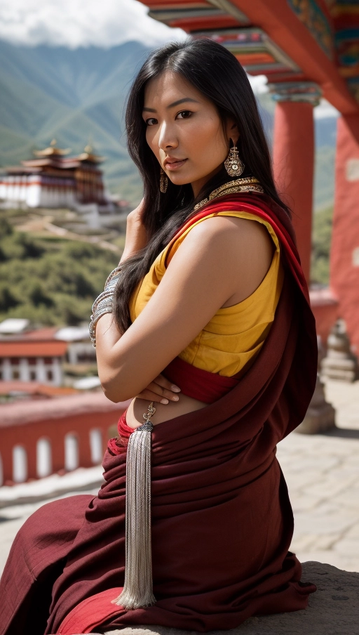 Ethnic group - Tibetan,
Age - 24,
Skin - Fair with a hint of sun-kissed glow,
Hair color - Black,
Hair style - Long and straight, cascading down her back,
Face - Round with high cheekbones,
Eyes - Deep brown, ((intense)) and captivating,
Mouth - Full lips with a slight, mysterious smile,
Nose - Small and well-defined,
Clothing style - Traditional Tibetan chupa in vibrant reds and golds, accessorized with intricate, handmade jewelry,
Location - On the steps of a ((monastery)) in the Tibetan highlands, surrounded by prayer flags fluttering in the wind,
Position and pose - Standing, one hand gently resting on a prayer wheel, the other gracefully touching the edge of her chupa, looking over her shoulder with a confident and teasing glance,
Emotional expression - A look of serene confidence and underlying strength,
Accessories - Turquoise and coral bead necklace, ornate silver earrings,
Make-up - Subtle, enhancing her natural beauty with a focus on her eyes,
Tattoos - A small, delicate mandala on her wrist, symbolizing balance and perfection,
Camera angle - Slightly below eye level, capturing the majesty of the monastery in the background and her dominating presence,
Lighting - Natural, early morning light casting a soft glow on her face and creating a halo effect around her hair,
Resolution - High, to capture the intricate details of her chupa and jewelry,
Camera type - DSLR, Canon EOS 5D Mark IV,
Camera settings - Aperture f2.8, shutter speed 1-200s, ISO 100,
Focus - On her eyes, ensuring they are the most compelling part of the image.