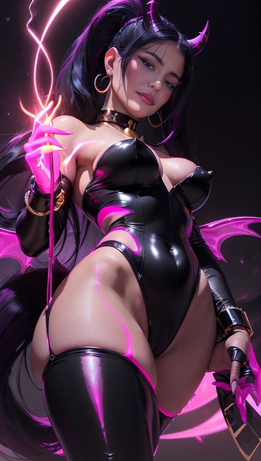 best quality, (((ultra high res))), (((detailed face and eyes))), (perfect face), (big shining heart choker), earrings, jewelry, (((big glowing succubus mark))), ((((big glowing succubus bodymark)))), (conjuring), witch, ((very long voluminous hair)), (((black gloves))), (((black hair))), (((single black ponytail))), (((golden bracelet))), (((huge golden hair cuff))), (((black skintight neckholder))), ((face closeup)), lipstick, (((((black demon tail))))), ((black long sleeves)), ((purple glowing heart)), (((big cameltoe))), (((demon mark))), heart on womb, (((((bright pink glowing skin tone))))), (((straight black hair))), ((pink glowing clothes)), ((pink luminescent)), ((((pink luminescent skin tone)))), (((pink skin))), (((Kylie Jenner))), (((from below)))