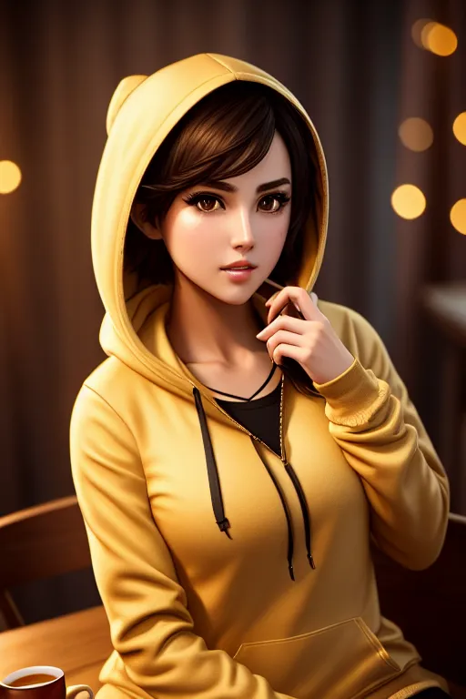 Dopamine girl a photograph of a maiden wearing hoodie sitting in a