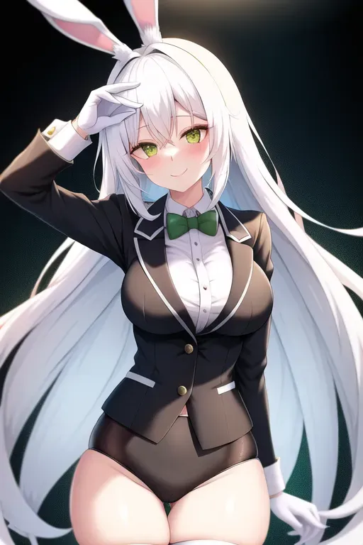 a cute white anime girl with also white hair, white bunny ears, green ears, black shades and in a business suit