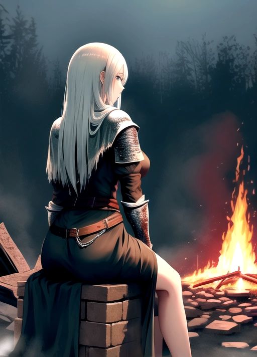 ((Dark souls)), Dark souls knight, sitting by bonfire, ruins in background, fire keeper,