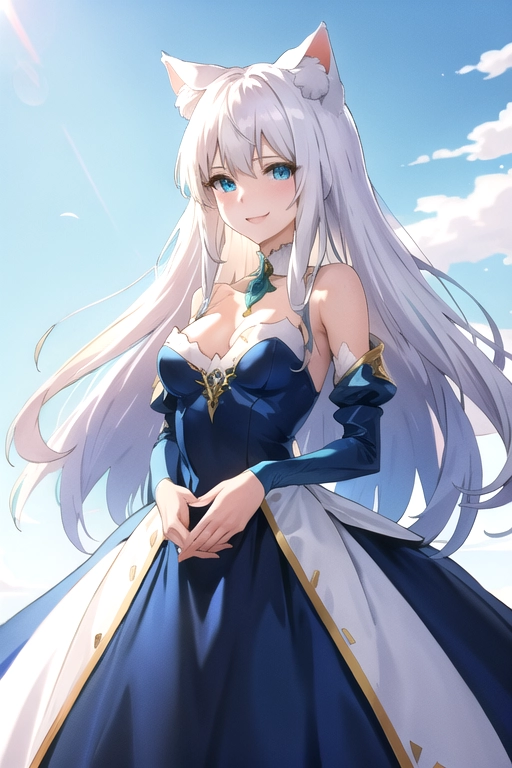 best quality, highres, ultra-detailed, neko, nekomimi, neko_ears, neko_tail, ((white_hair)), blue-green_eyes, upper_body, lower_body, small_breasts, cleavage, very_long_hair, (((detailed hands))), (((18))), aduld, highly detailed, wide shot, , (((correct anatomy))), blue_dress, (((long_dress))), ((wide_clothes)), ((small_thighs))), adventurer_outfit, thin, ((sfw)), safe_for_work, <lora:dpmg_violet_evergarden:1>, elegance, wedding_dress, snowy_landscape, happy_smile
