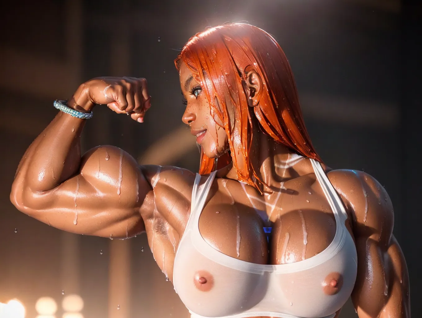 (((a highly detailed full body erotic 8k photo of))),photorealistic, tall, ((extremely muscular)), ((very cute)), ((black girl)), 1girl, (happy), innocent warm smile, masterpiece, perfect lighting, 8k quality, racially accurate skin color, ultra real skin texture, realistic hair, realistic skin, realistic eyes, detailed eyes, dilated pupils, accurate breasts, realistic, uncensored, bokeh, very realistic, ultra definition, anatomically correct nipples, ultra quality, (((ultra realistic))), nsfw, sex, dilated pupils, blushing cheeks, toned ass, photorealistic, healthy, ultra realistic skin, realistic hair, aroused, innie vagina, pretty teeth, textured skin, ultra detail, (freckles), pretty feet, pretty calves, sexy, pretty thighs, pretty abs, shaved legs, shaved armpits, shaved genitals, aroused, ((perfect pretty face)), (accurate eyes), accurate teeth, accurate mouth, professional lighting, bokeh, ((accurate hair color)), (5 pretty toes on each foot), (five pretty fingers on each hand), (cute ears), detailed fingernails, detailed toenails, use golden ratio for features, back dimples, (perfect vagina), (muscular arms), (((huge biceps))), (((very sweaty))), (shiny wet body), ((wet body)), red shirt,in the gym