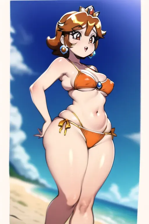 Princess daisy, Nintendo, orange bikini, beach, standing, looking down, eye contact, wide hips, thick thighs, small waist, big ass,
