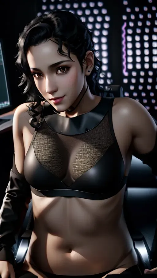 pitch black curly medium hair, sitting on a gaming chair, facing computer screen, hands on keyboard and mouse, cute clothes, smirk, arrogant expression, dark night background, gaming desk, computer, colorful, no lights, high quality, disdain, cute nose, small breasts, slim body, perfect skin, pixiv, unreal engine, partially nude