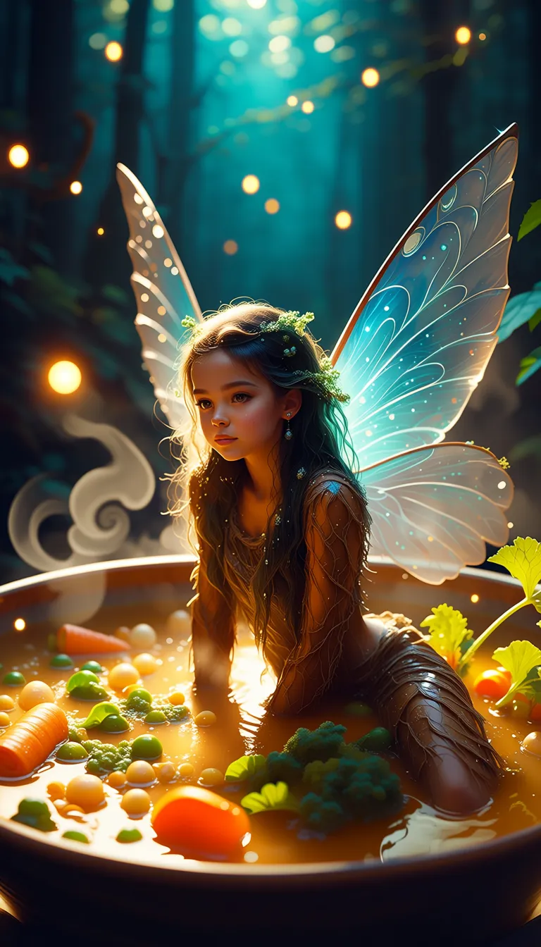 A cinematic, hyper-realistic portrait of a whimsical 18-year-old fairy girl with a youthful, slightly mischievous expression, sitting gracefully inside a large, rustic ceramic soup bowl filled with golden broth and vibrant vegetables like carrots and peas. She has long, flowing hair in a deep forest green hue, adorned with tiny sparkling dewdrops, and translucent iridescent wings that shimmer with blue and silver veins. Her wet transparent outfit consists of textured, earthy brown garments made of organic fibers that resemble tree bark and moss. The lighting is soft and magical, filtering through a dense enchanted woodland background to create a bokeh effect of glowing fireflies and dappled sunlight. The camera angle is a medium shot, capturing her serene posture as she balances perfectly in the warm liquid, with high-detail textures on her skin and the surrounding steam rising in delicate curls. The color palette is dominated by rich forest greens, warm ambers, and earthy browns, rendered in an 8k resolution style with a dreamy, ethereal atmosphere.