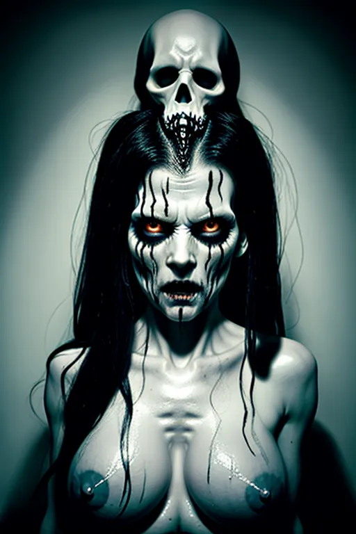 height 150 cm, pale white skin, wet wrinkly skin, white demonic eyes, angry face, long black hair, scary, horror, halloween, dark room, chilling atmosphere, naked, wet, small boobs, petite, staring down towards camera, living room, ghost, demon