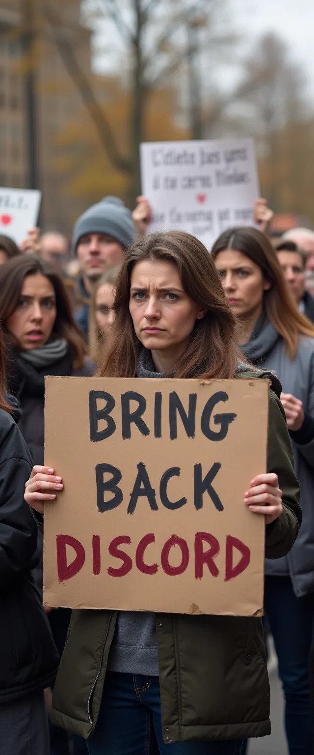 Protest rally, group of Frowning women with upset expression, holding sign which reads, Bring back Discord