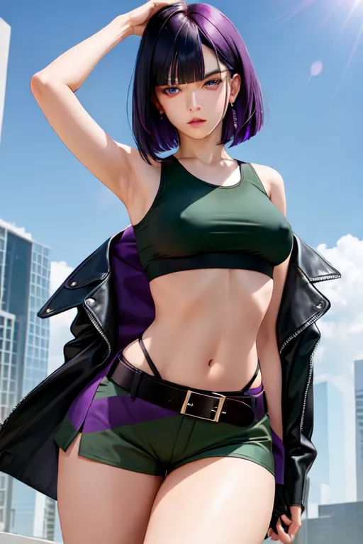 beautiful woman, (black hair with purple tips styled in a bob) and blue eyes, blunt bangs, (annoyed face), ((loose fitting to small cropped tank top burgundy)), ((dark green army short shorts and Belt)), (combat boots), perky bust, ((underboob)), purple lipstick, centered whole body image, (exposed navel), athletic, tattoo, dystopian future, masterpiece, best quality, bokeh, uncensored, ultra realistic face, perfect eyes, perfect edges, ultra realistic, hair with great details, face photorealistic, perfect face, perfect anatomy, soft focus, perfect lighting, erect nipples