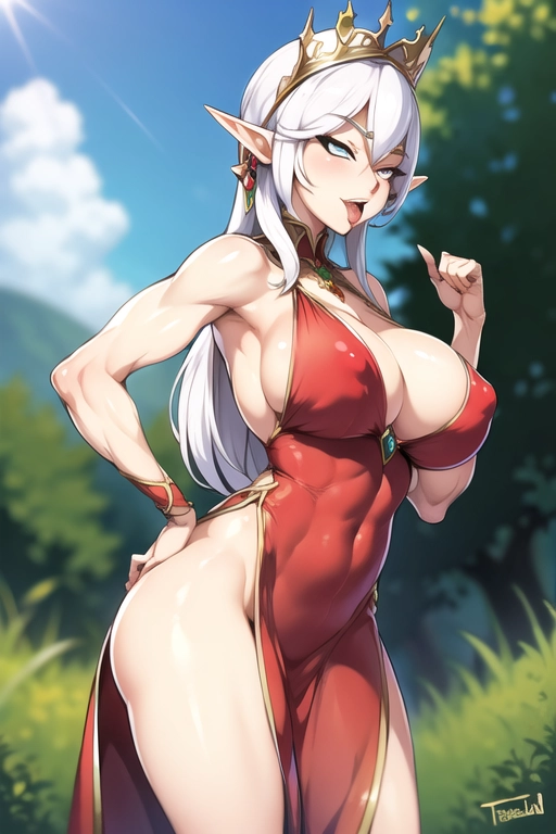 tall elf queen royal dress, silly, muscle, teasing, provoking with tits, sideboobs, (ahegao:1.2), elegant, sophisticated
