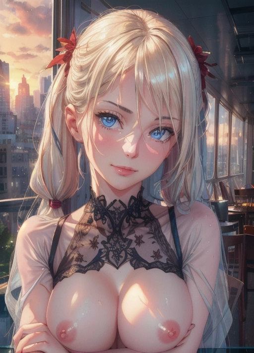 (Best quality, high quality wallpaper during sunset, high res, 4k, HDR, UHD), 30 year old adult woman, (a breathtaking masterpiece of close up portrait of a adult woman leaning on a window with arms crossed), ((long twintail) platinum blonde hair, functionally nude in red see through chamisole:1.2),
(correct slender human anatomy), (extremely detailed blue eyes looking a viewer:1.27), ((extremely detailed view of realistic face with smug expression:1.32)), (beautiful detailed full lips smiling lewdly:1.27), (extremely zoomed in detailed shot of realistic face and nipples:1.27),
(harsh sunset lighting with sun beams), hyperrealistic skin with pores and blemishes, five slender fingers, modern city highrise, (red lace chamisole:1.2),
Close up portrait with cinematic composition of a 30 year old woman leaning on a window, soft focus, sharp and clear image, (candid:1.1), (flat shading stylised colorful art:1.07), <lora:dpmg_add_detail:0.55>, (physically-based ray tracing, photon mapping, photorealistic:1.45), (high resolution masterpiece, 4K, HDR, UHD:1.45)