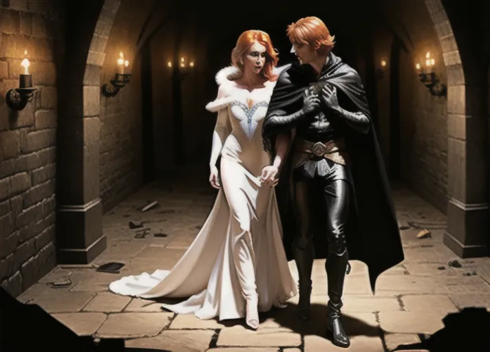 Sweet bright cheerful beautiful elegant auburn haired in a low hanging bun wide sparkling sapphire eyed Queen Anna of Arendelle in green and dark green velvet unveiling ceremony gown.
Arm in arm with a strong masculine debonair scandalous older Marques de Sade in a black leather and hooded cape and white powered hair, his hand on her butt as they make their way through abandoned narrow dimly torch-lit dungeon corridors.
horror