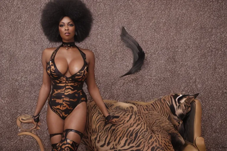 black dominatrix with an afro and big buttocks wearing a tiger print catsuit and feather boa, front and rear view