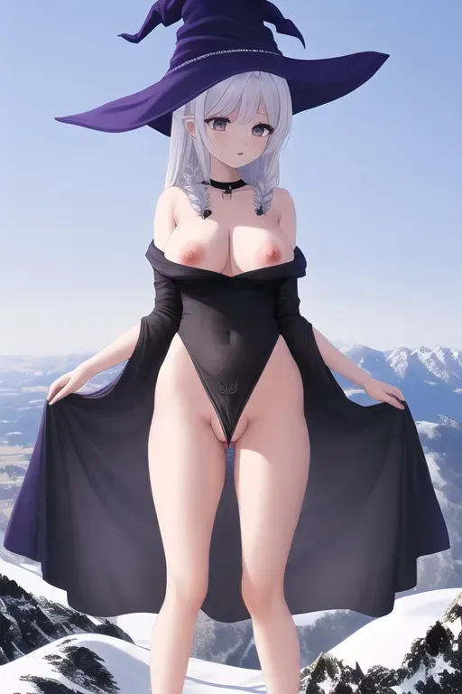 a photograph of, ranni the witch, legs spread, large penis, vagina underneath, big breasts, gorgeous face, tiny ass, on a mountain