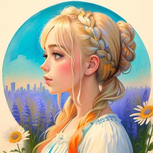 masterpiece, watercolor and pencil painting, (beautiful and aesthetic:1.5), surrealism, highly detailed, a portrait painting of 1girl (recording artist singer-songwriter Delaney Jane), profile with blonde hair piled up atop head in volumized casual messy braided updo with interlaced daisies bluebells and babies breath, with orange and blue color pallet, hard brush, minimalist low poly collage illustration, splatter oil paintings effect, city portraits, heavy inking,