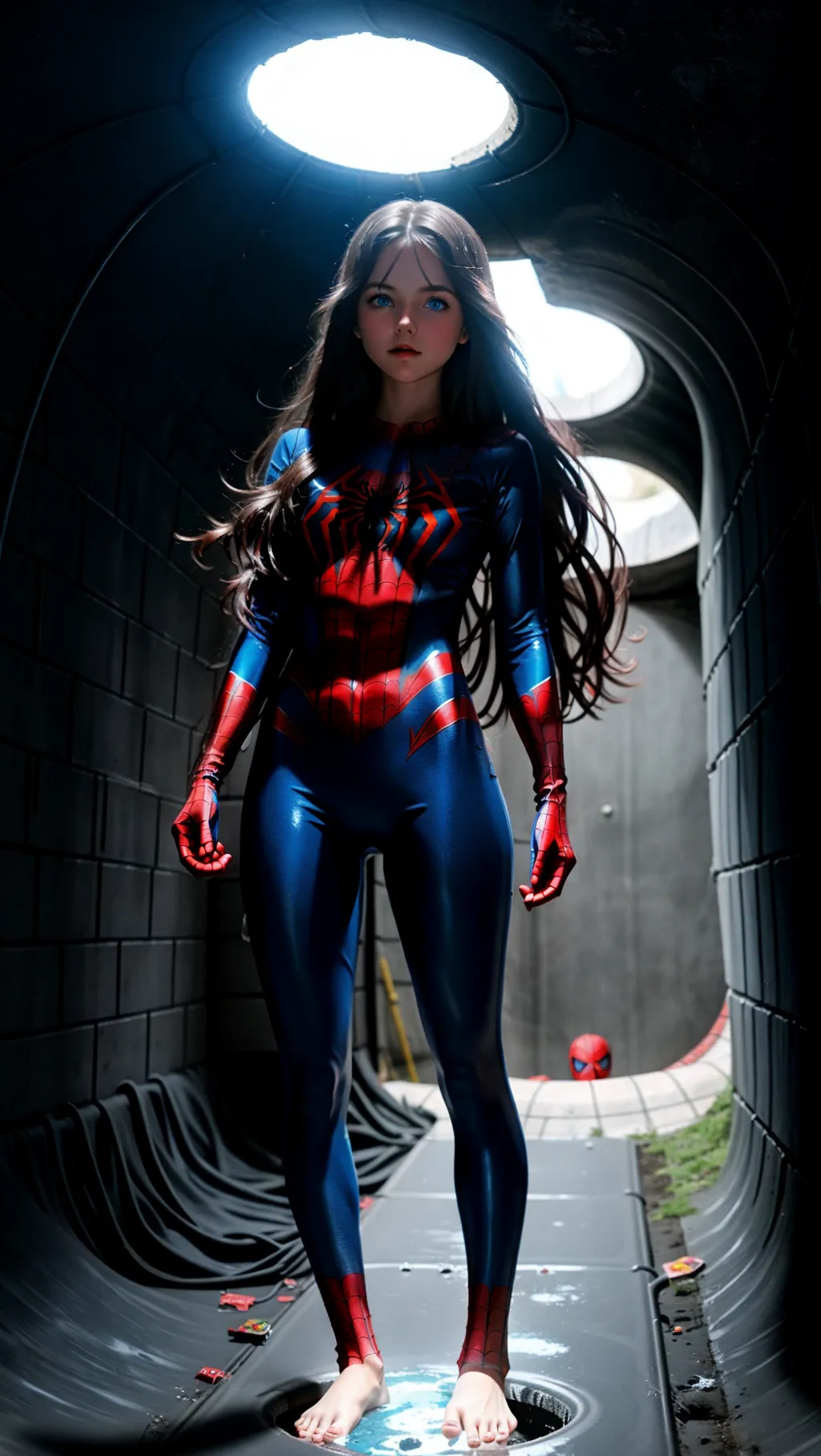 full-body image of a gorgeous barefoot girl with long hair and blue eyes wearing Spiderman outfit and gloves while posing in a dark sewer pipe, barefoot, exposed face, exposed head, bare feet,