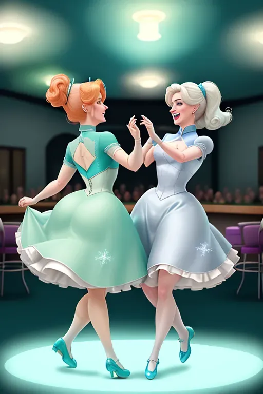 Anna and Elsa of Arendelle dancing at a 1950 style sock hop. high ponytails. Malt shop. Jukebox. poodle skirts.
Elsa in blue. Elsa platinum blond hair.
Anna in soft green. Anna with auburn hair.