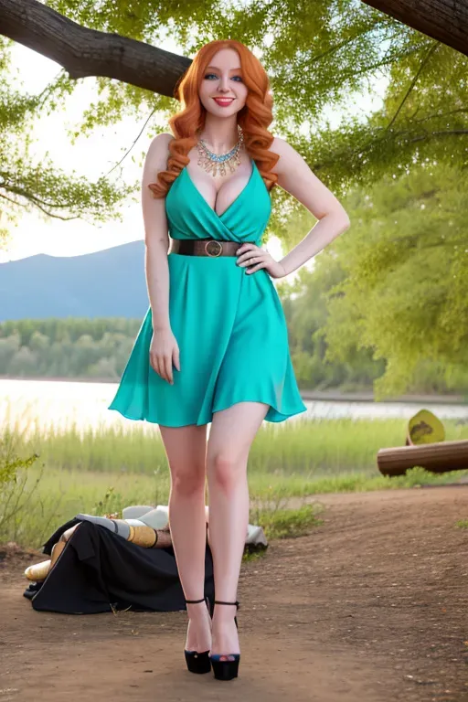 full body, strawberry blonde hair, green eyes, short girl, black high heels, looking at viewer, long hair, pale skin, silver necklace, 24 years old, giant breasts, cute face, pov, wavy hair, wide eyes, erotic, skirt tug, nighttime, slim body, sitting by lake, smiling, cleavage, 44F breasts, standing by campfire, blue minidress, serving drinks, short skirt