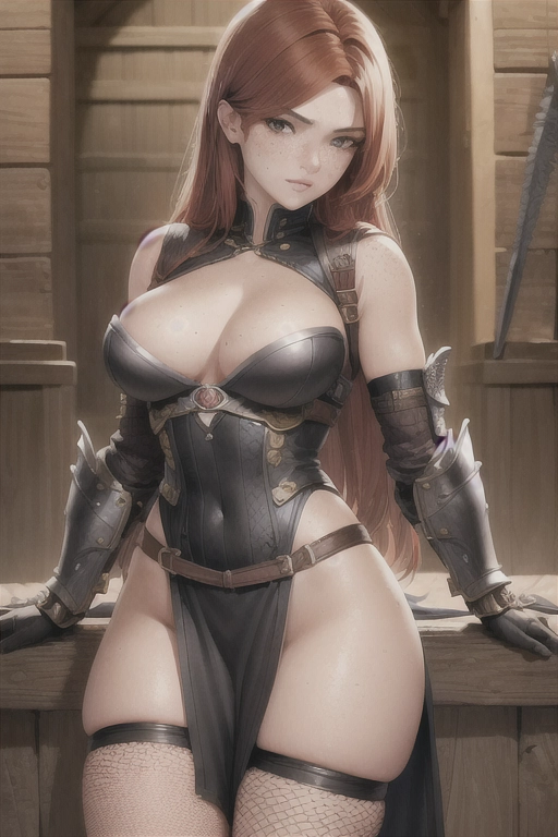 8k, masterpiece, extremely detailed young woman, beautiful detailed face, auburn hair, freckles, slim body, sexy monster hunter armor, full body black fishnets, tavern scenery, large nodachi sheathed on back