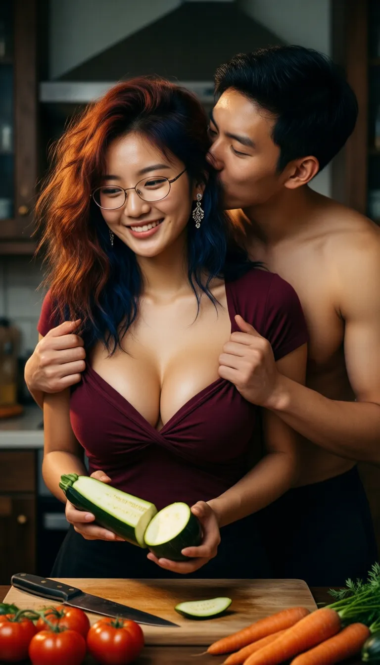 The pic shows a romantic scene of a couple in their kitchen.
(1 hot woman (20 years old) is standing over a table. She is holding a half-peeled zucchini. ((She has perky b-cup breasts)).
She has (wavy (auburn and dark blue) hair). She is wearing a ((burgundy top which is (pulled up))), ((exposing her breasts)). She is smiling. She has oval glasses.)
(Her husband (28 years old) (topless) is pressing himself against her back. (((He is squeezing her breasts with his both hands))). He is kissing her hair).
Front view. The table is at the foreground. Tomatoes and carrots and a cutting board are visible on the table.