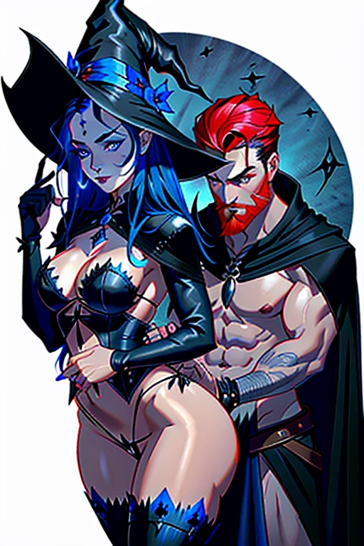 We see a (((couple))), a man and a woman, a medieval witch comforting a dashing knight, (the witch has beautiful black hair), she has soft thin eyebrows, she has green cat-like eyes, concave nose, soft cheeks, full lips, narrow chin, she has a thin figure, with cute breasts, thin waist, curvy hips, bubble butt, full thighs, cute feet, she is wearing a pointed witches hat, black witch robes, she is disrobing, she is exposing her genitals to the knight, (the knight is a dashing red head), he has defined eyebrows, he has blue eyes, concave nose, strong cheeks, strong chin, red beard, he has a mucular frame, biceps, triceps, abs, he is wearing a knights apparel, he still has pants and boots on, the with and the night are in a cottage, they are fixing to have sex, ((high definition)), ((4k quality)), (excellent lighting), (great shading), pristine detail, (very clear picture), ((beautiful vibrant colors)), (accurate at lower prompt guidence), ultra realistic, (((five fingers per hand))).