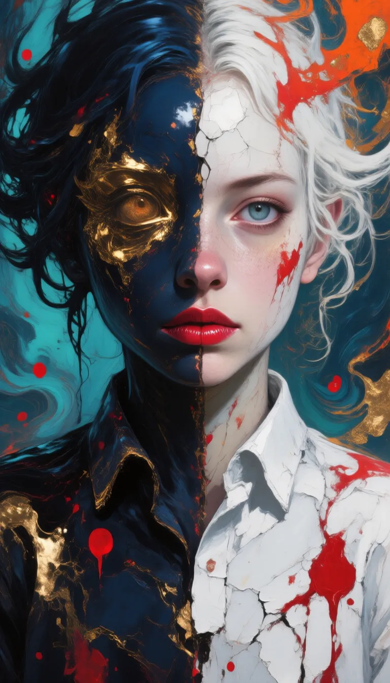 A hyperrealistic oil painting with digital art fusion, featuring a split-face portrait where the left half immerses in deep navy and black swirling liquid textures accented by metallic gold highlights and subtle crimson splatters, contrasting sharply with the right half's luminous white base adorned with textured impasto brushstrokes and vivid red abstract patterns on a glossy surface. The background erupts in turbulent fluid swirls of indigo, teal, burnt orange, and metallic gold, scattered with crimson droplets that seamlessly merge into the subject's abstract hair, creating a boundaryless flow. The subject, centrally positioned with one visible eye on each side, wears a chipped white shirt with cracked paint texture and glossy crimson lips, captured in a close-up eye-level view that intensifies psychological depth. Executed with thick impasto, visible brushstrokes, glossy glazes, and digital texture overlays, the artwork embodies ZdzisÅaw BeksiÅskiâs dystopian surrealism blended with contemporary digital abstract art. This masterpiece radiates chaotic elegance through ultra-high detail rendering, photorealistic textures, and high-quality craftsmanship, presenting a dreamlike intensity where background dynamics radiate outward from the centered face, all rendered in museum-worthy, gallery-quality precision.