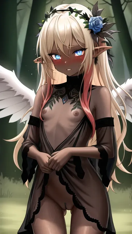 Female focus, perfect lighting, black angel wings, wings, an adventurer wearing sexy red lingerie, long red hair, gold hair, masterpiece, best quality, emotional , embarrassed, best colors, 4K resolution, best colors, vibrant colors, deep colors, blushing face, submissive, submissive personality, shy, trembling, forest background, detailed background, great eyes, glowing eyes, very detailed eyes, beautiful face, forest leaf design on clothing, (wet skin), glowing bright blue eyes, elf ears, world lighting, pine trees, aspen trees, grass, ground cover, bushes, wide shot, charcoal black sparkly wings coming out of her back, black angel wings, black rose flower crown. high contrast, phoenix, (((dark skin))), ((small tits)), thigh gap, naked wet pussy