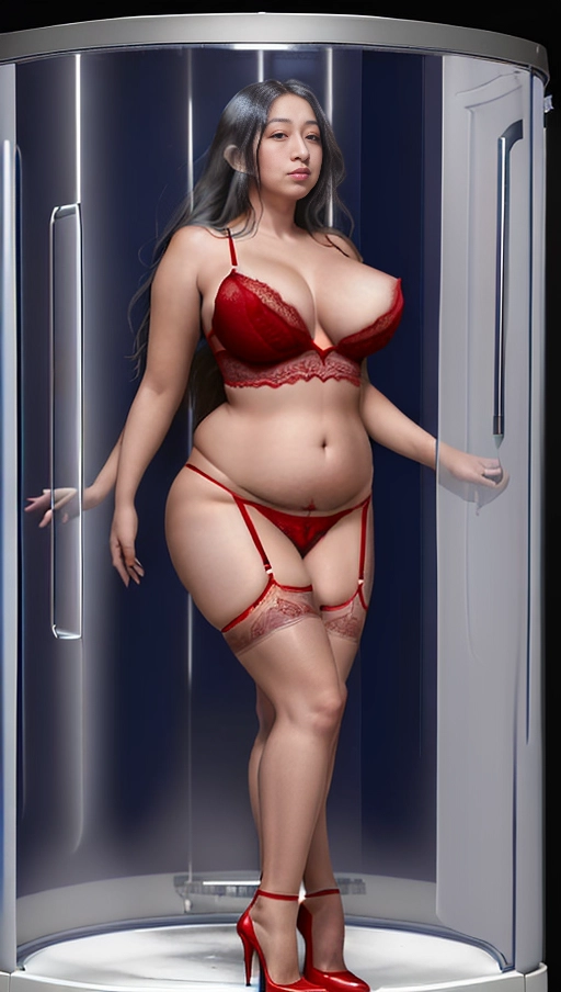 (((She is wearing red lingerie that reveals her nipples and vulva, highlighting her large natural breasts and a pair of high heels.)))
The woman is frozen inside a cryogenic preservation pod, being preserved for eternity.
Latin American.
Inside a cryogenic preservation chamber.
The background should show only one cryogenic preservation chamber, in a blue-colored room.
The woman must reflect that she is frozen, not conscious at that moment, stuck in time.
Despite having some excess weight, she still looks stunning.
The image should capture the full figure of the woman within the limits of the cryogenic preservation pod.
Neutral facial expression, (((look at the sky but without any emotion))), (((full body view, full body photo)))), ((full body view)), ((natural big breasts) ), ( ((overweight))), (((hyperrealistic))),
Masterpiece,
perfect edges,
ultra realistic,
perfect anatomy,
realistic skin texture