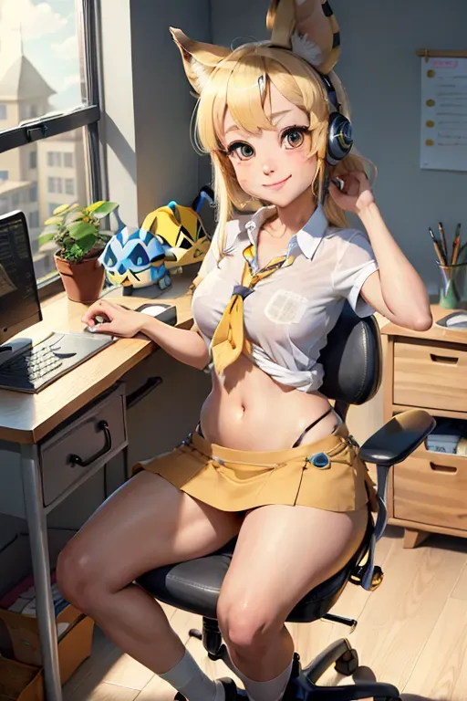 (masterpiece), best quality, expressive eyes, perfect face, Ankha, Animal Crossing, skirt, skirt lift, smile, happy, blonde hair, black eyes, table, office chair, covered ears, tied hair, furry