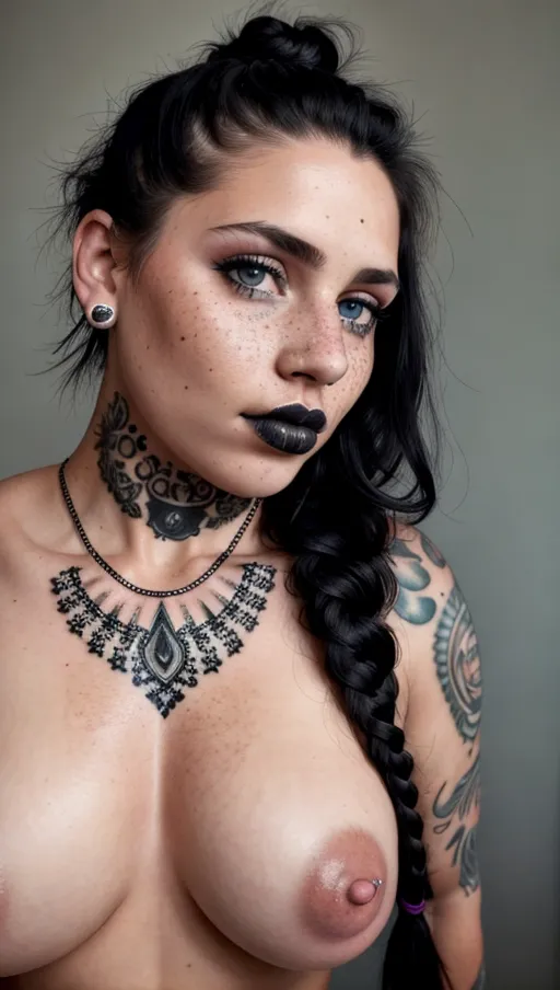 replicate inspiration face, freckles,Big tits, 1girl, braid, black hair, standing, torn clothes, piercings, jewelry, tattoos, black lipstick, black eye make up, finely detailed background, amazingly intricate background, best quality,