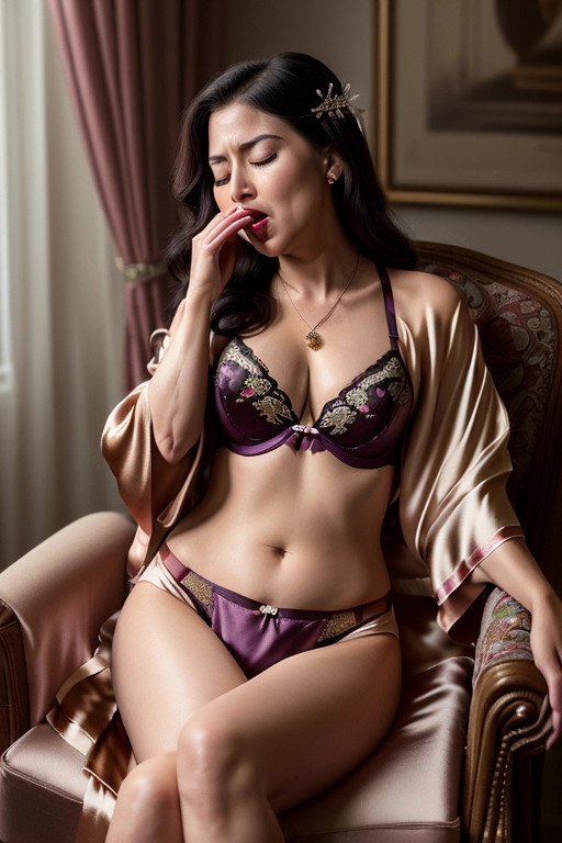 a colour painting of, a full length Mabel Chee,((accurate face)), ((show full body and thighs)), ((wearing an embroidered silk robe)), (((open to reveal elegant sexy lingerie))) underneath, wearing necklace, sitting on an armchair ,natural breasts, five slender fingers ,gorgeous face, beautiful lips, long sexy legs, detailed large eyes, curved eyebrows, pale skin, cosy. artstation, bokeh, 8k, cgsociety,She is being overcome by a powerful (((sneezing fit))) which is making her ((sneeze uncontrollably)) with ((nostrils flaring)), ((eyes closed)) and ((mouth wide open))