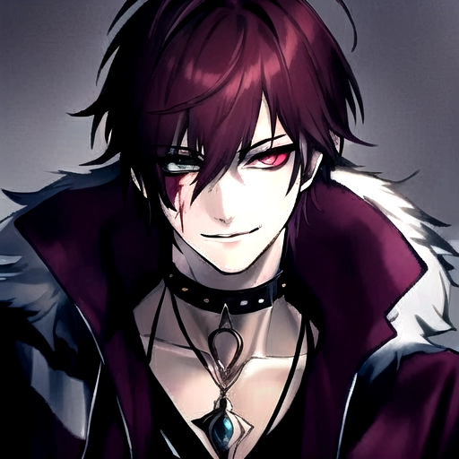 (masterpiece:1.2), (best quality), (ultra detailed), (8k, 4k, intricate),(highly detailed:1.2),(detailed face:1.2), (detailed background),detailed landscape, (dynamic pose:1.2), solo male, hunter, pet chain collar spiked around neck, fluffy purple jacket, heterochromia, wolf animal eyes, plain white shirt, auburn antenna spikey hair disney prince messy medium antenna length light, male guardian of the earth , teen wolf, bloody, psycho look in eyes, grinning, smiling , blood , dark green color right eye, school clothing, auburn hair, bright eyes , heterochromia, no facial hair, background paint spots creative ,masterpiece, digital art masterpiece