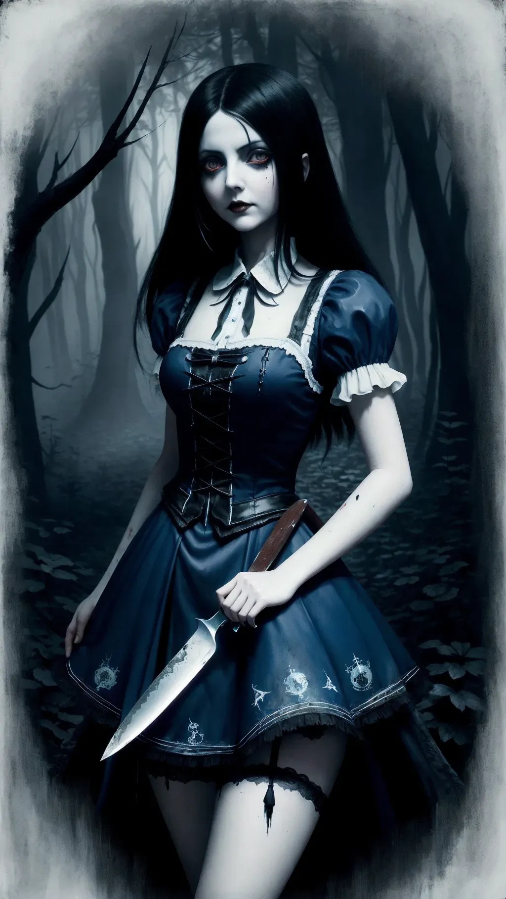 4k, painting, Alice, from Alice madness returns, Gothic clothing, dark blue dress, bloodstained, white ribbon around waist, black hair, sinister pose, black panties, holding a bloody meat knife, dark forest in the background,