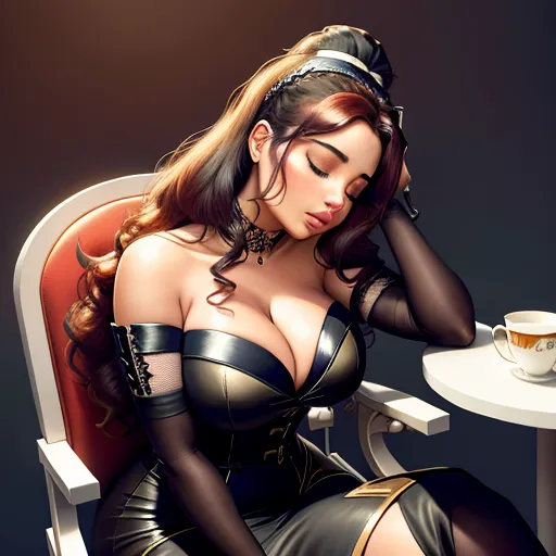demi rose, sitting on a chair, sleeping, head leaning forward, body fully relaxed