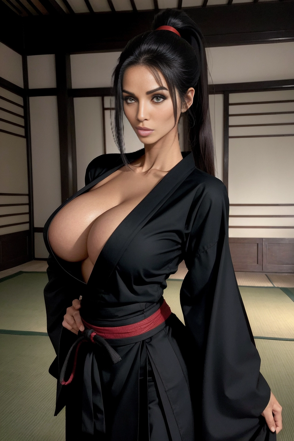 Best quality, masterpiece, high definition, ninja themed, beautiful female, wearing a black hakama, arched back, sexy look, looking forward, wearing ninja clothes, ponytail high up, high cheekbones, wide jaw, fantasy themed, in a old asian house, brunette sexy hair, icy eyes, confident, flawless skin, high cheekbones, fitness body, thin fit body, thin waist, thin hips, tall slim body, big fake tits, round firm breasts, massive hard fake tits, long sexy hair, tanned skin, olive skin, dim light, cinematic