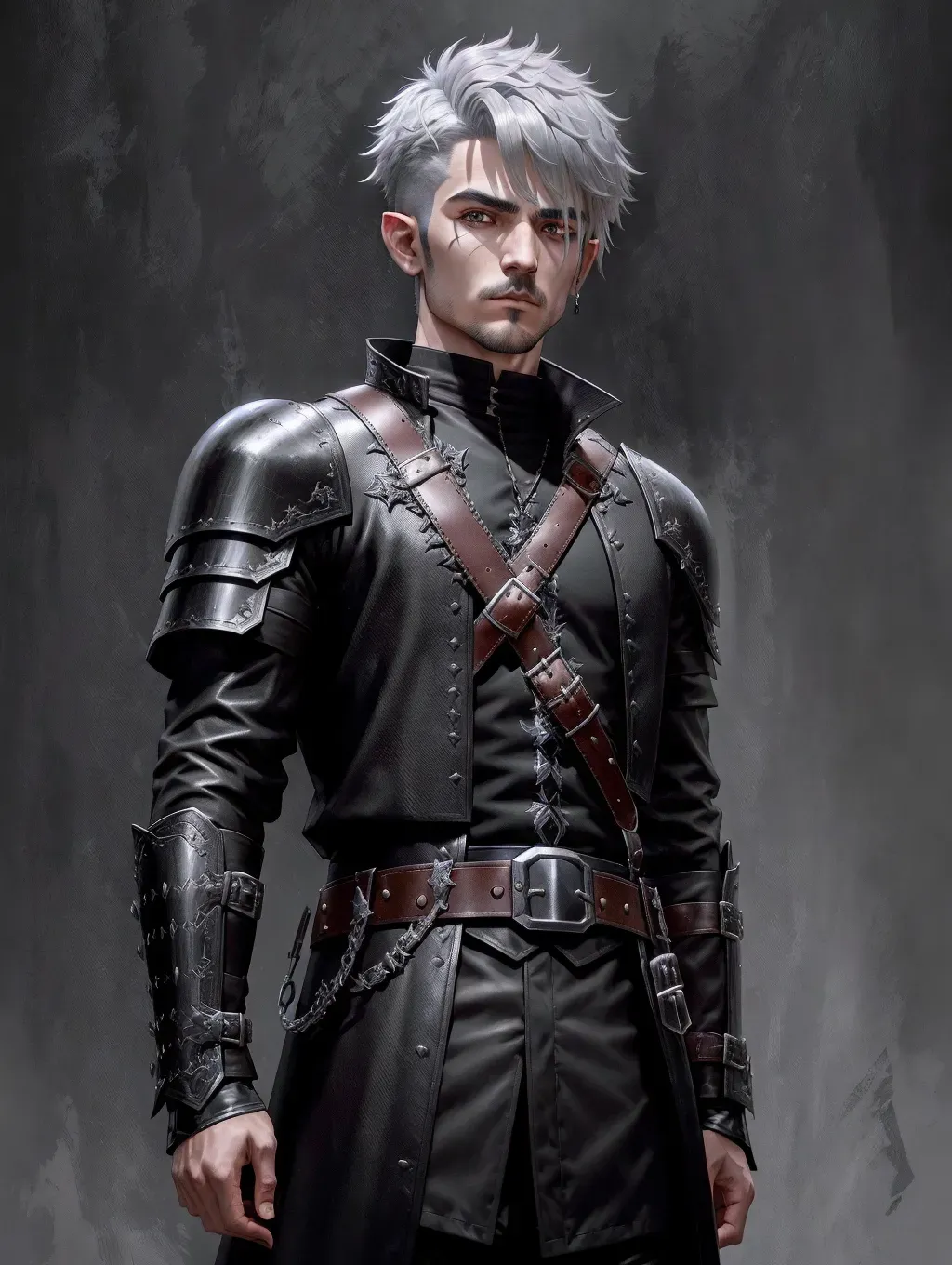 8k, raw photo, masterpiece, dungeons and dragons, male changling character, grey hair, hair cut short on side, long bangs over one eye, black eyes, lithe figure, dark aura,
Leather armour, straps, belt, buckles, black trench coat,
Carrying zulkoon instrument,
Absurd res, highly detailed, fantasy background,