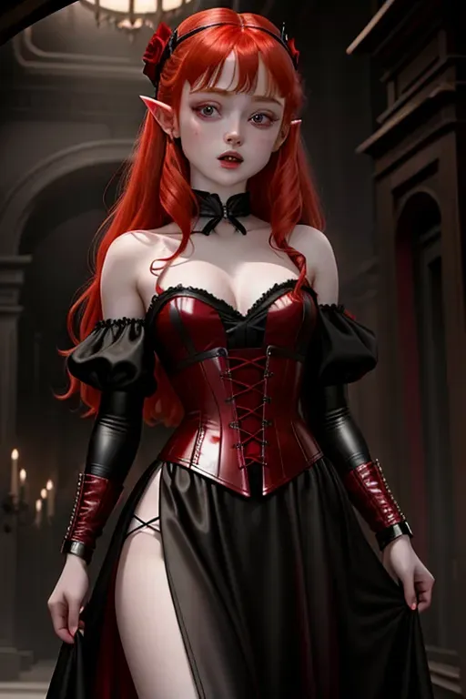 Sadie sink, as a vampire queen, pale skin, red eyes, pointy ears, blood trickling, from lips, wearing a tight black and red corset dress, breasts exposed