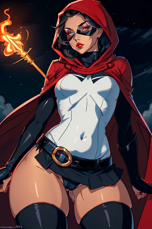 It is a stormy night, we see a beautiful masked superhero flying over us, she is a masked vigilante, she has a hood on over her head, but we can see her medium brunette hair, her upper nose and face is covered by a solid black mask, she has glowing white eyes, we can see her mouth and her full lush red lips, she has a curvy fit figure, she has small breasts, she has a thin waist, her hips are curvy, she has a beautiful thicc ass, she has full thighs, she has small feet, she is wearing a black and pink unitard with a skirt, her thighs are exposed, she is wearing thigh high boots, she has utility pouches and belts on, she has a long cape, her powers are flying and shooting lighting, she is fully sexually aroused, we can see her camel toe, ((high definition)), ((4k quality)), ((excellent lighting)), ((great shading)), ((pristine detail)), ((really clear picture)), ((beautiful vibrant colors)), ((accurate at lower prompt guidence)), ((ultra realistic)), (((five fingers per hand))), (((two arms per person))), (((two legs per person))), (((two hands per person))), (((two feet per person))), ((((100 percent according to prompt))))