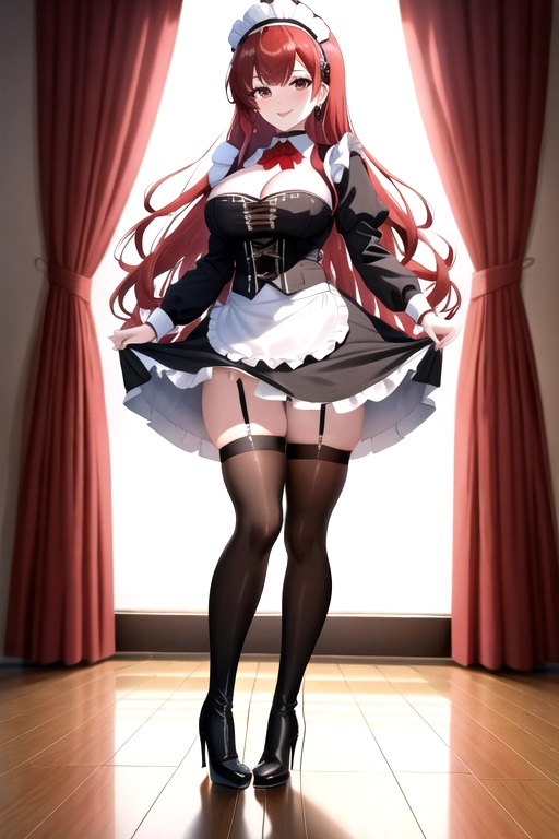 long hair, pale skin, bright red hair, brown eyes, black choker, giant H-cup breasts, wavy hair, maid uniform, smiling, full body photo, 28 years old, miniskirt, cleavage, high heels, red corset, 8k quality, red thigh high boots, in living room